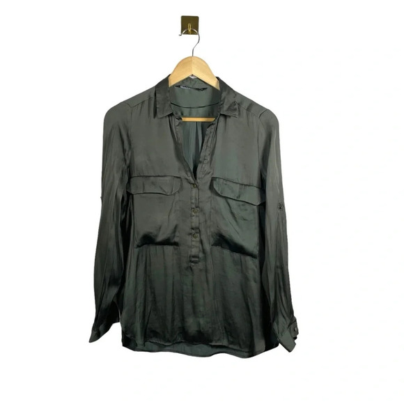 Zara Women’s Satin Button Front Blouse in Olive Green Size S - Picture 1 of 8